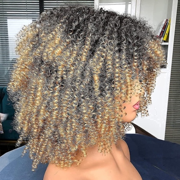 Short Kinky Curly Afro Wig -Brown Mixed Blonde - Picture 2 of 3
